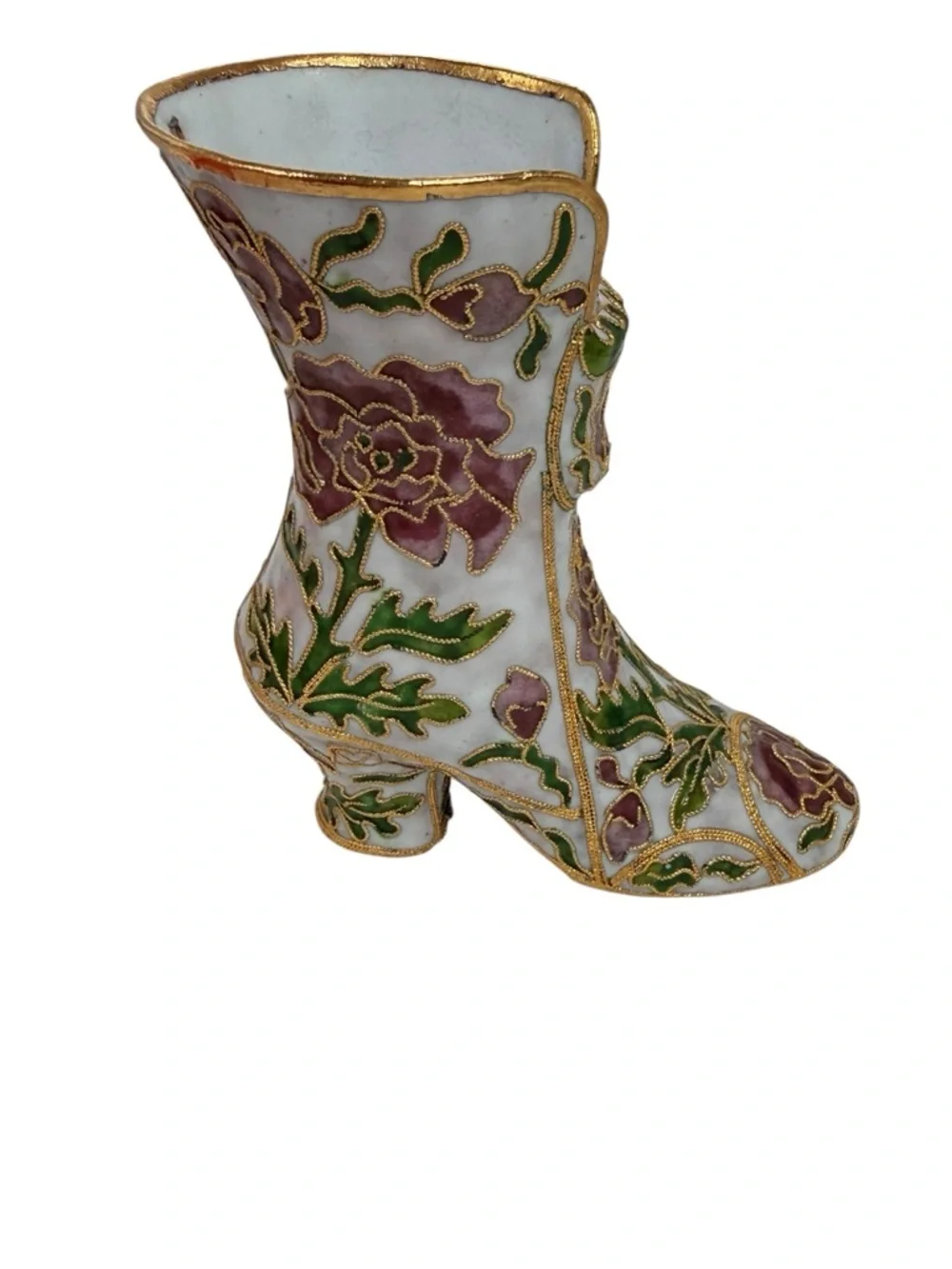 Floral Cloisonné Decorative Boot Vase - White with Pink & Green